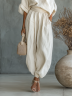 Women's Off-White Linen Set with Off-Shoulder Top and Tapered Pants • S1
